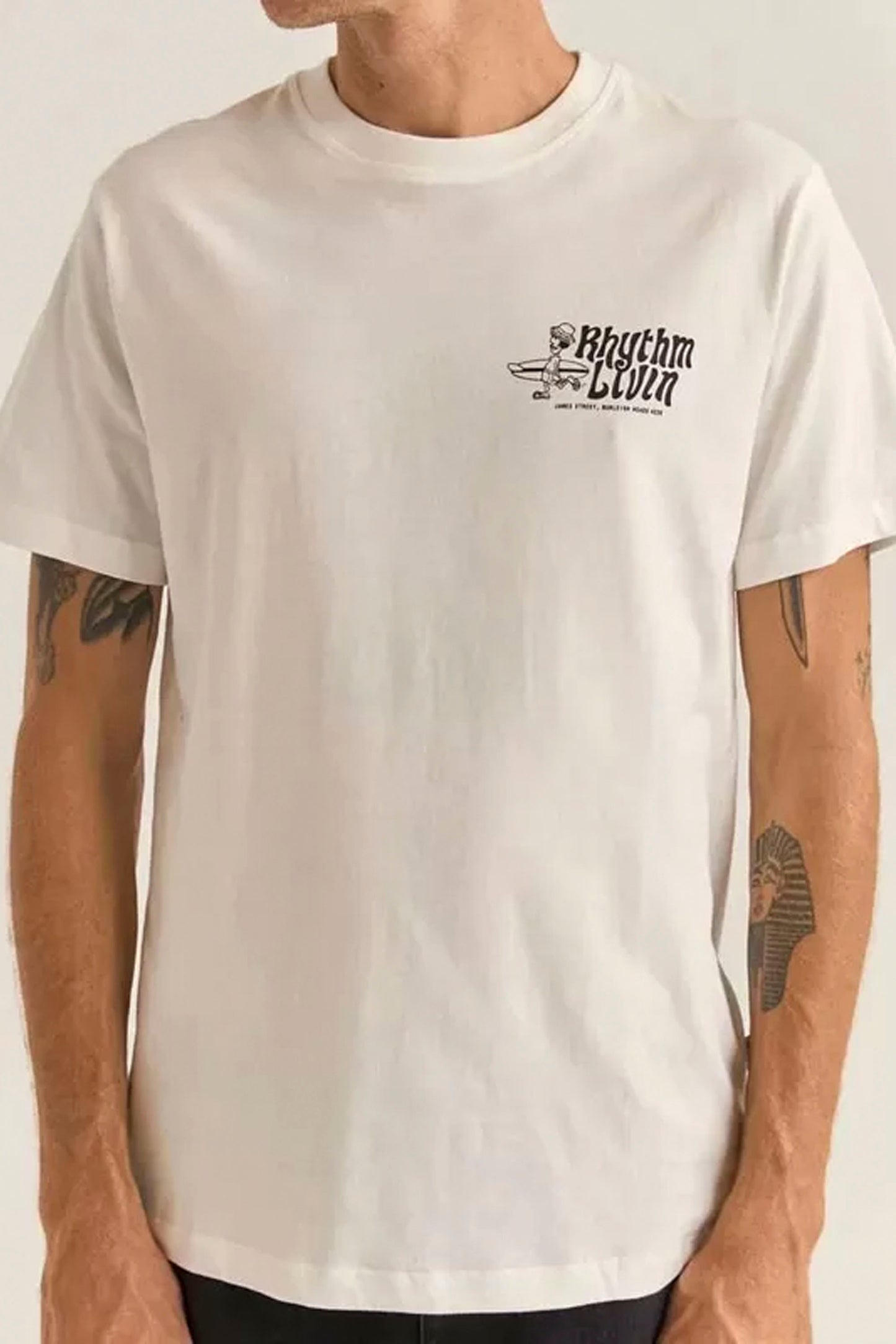 RHYTHM Livin' Tee in white - 100% cotton t-shirt with surf-inspired chest print and ribbed crew neck for men