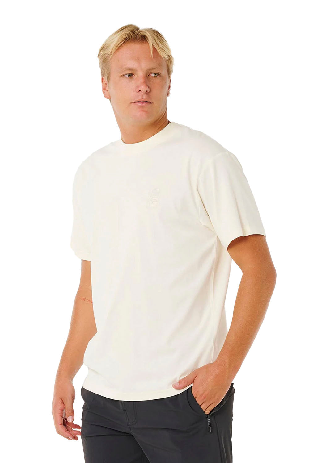 Rip Curl Search Embroidery Tee in Bone — Men's embroidered surf tee for beach and everyday wear, at Pukas Surf Shop