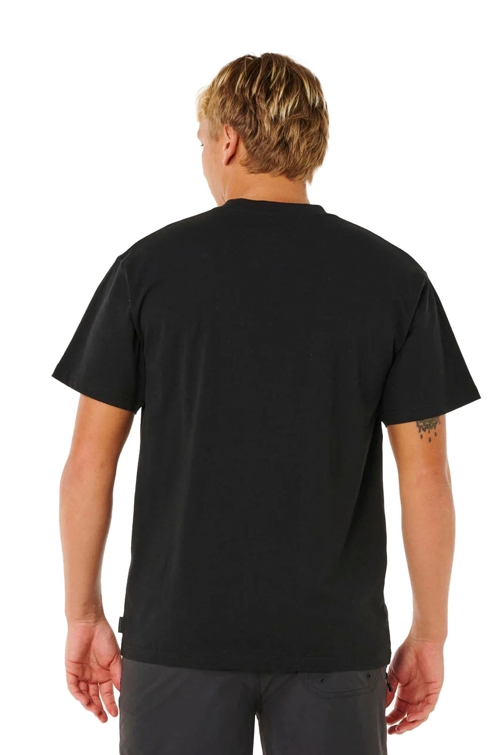 Person wearing a black t-shirt on a white background