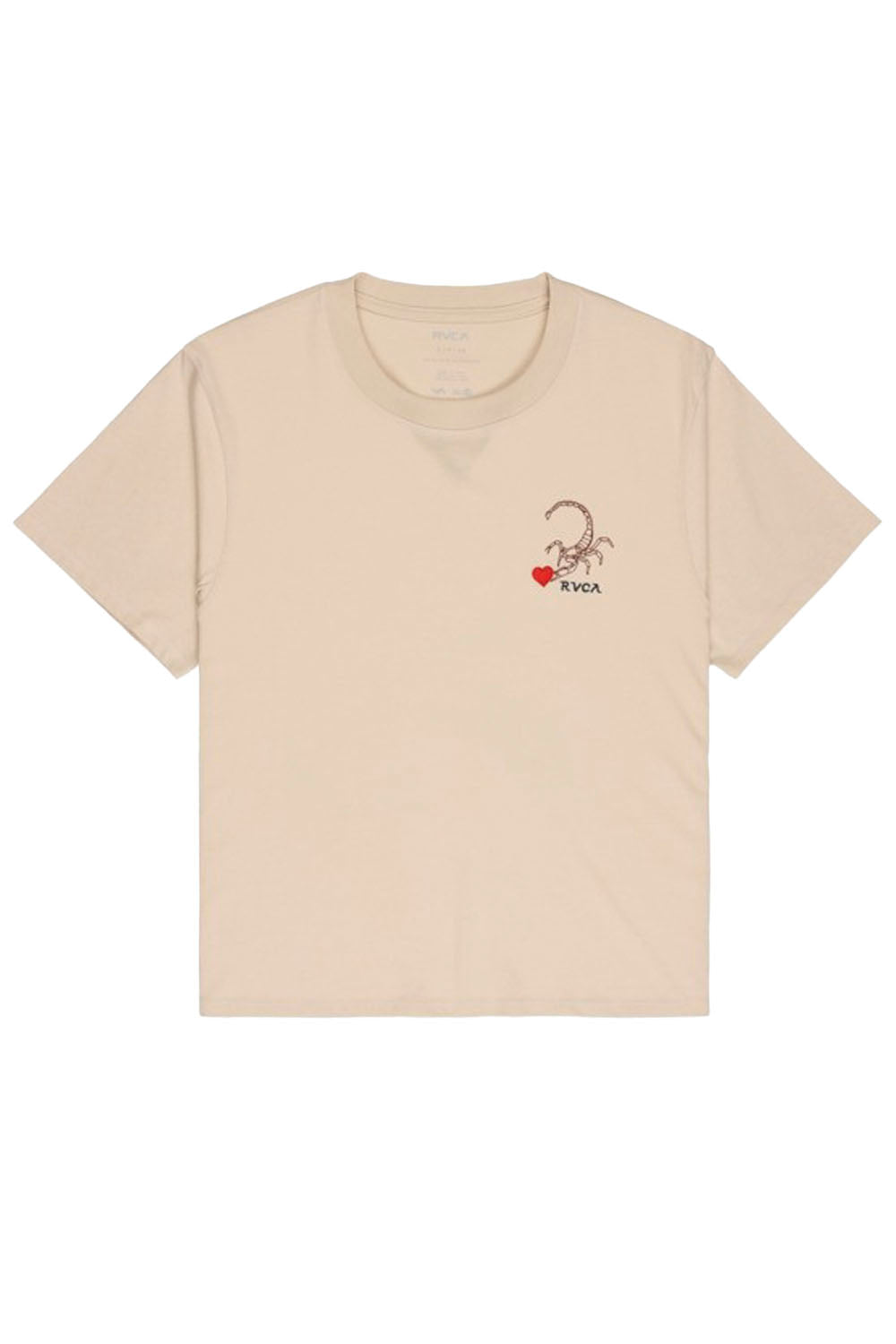 Beige t-shirt with a small graphic on a white background