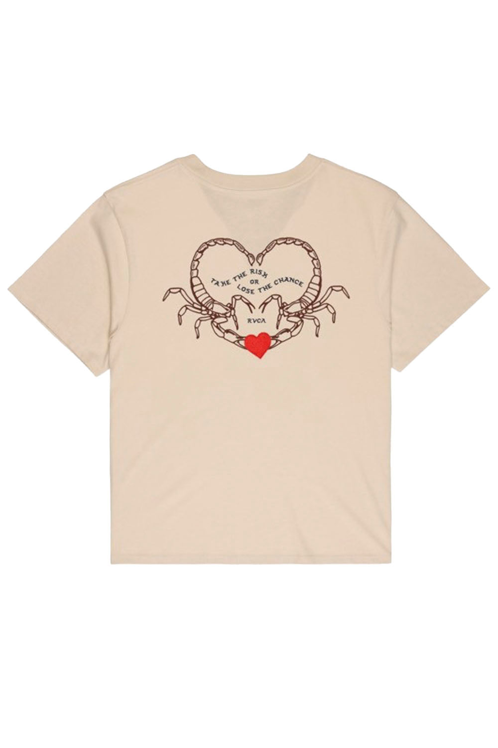 Beige t-shirt with a heart and snake design on a white background