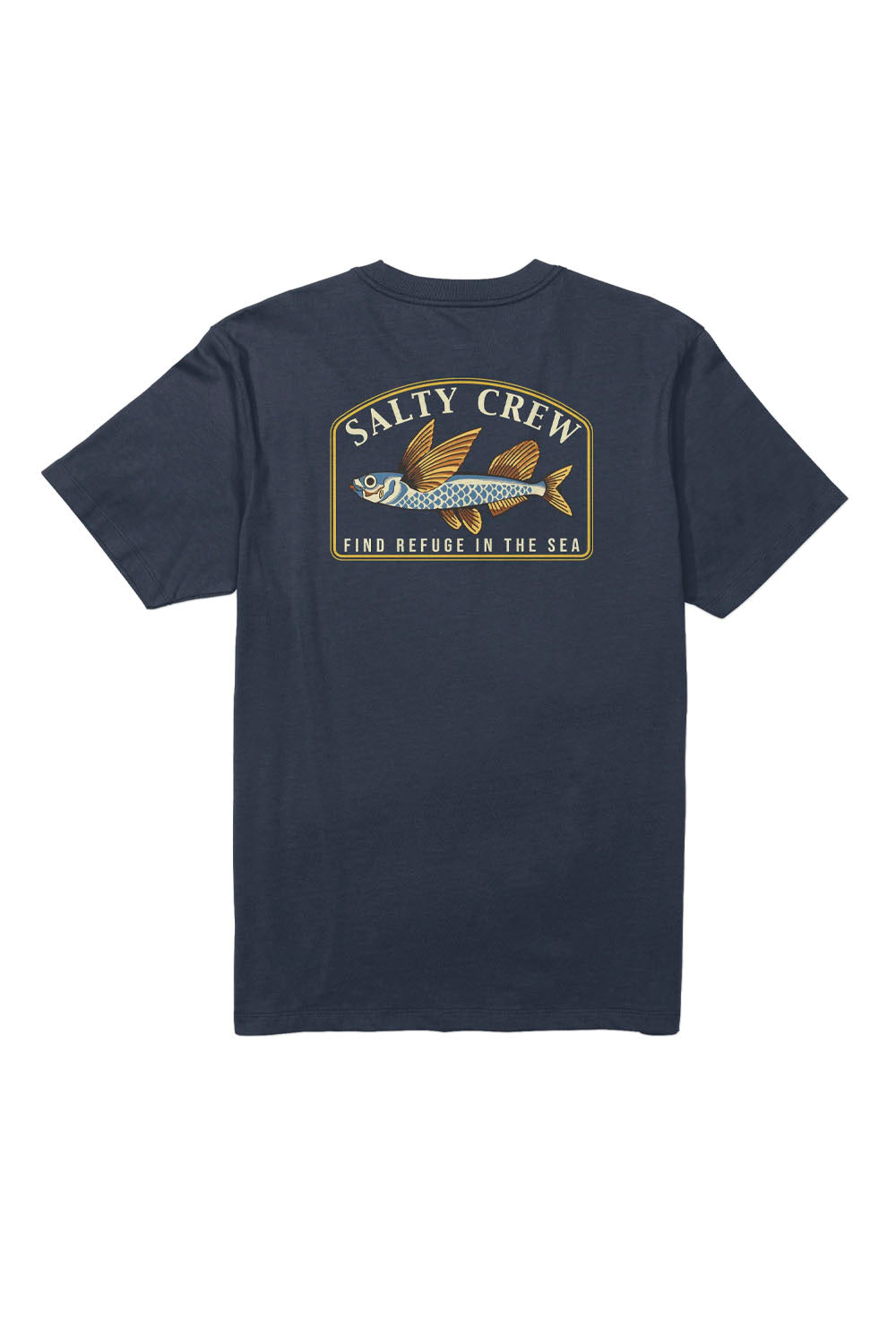 Navy blue t-shirt with Salty Crew logo on a white background