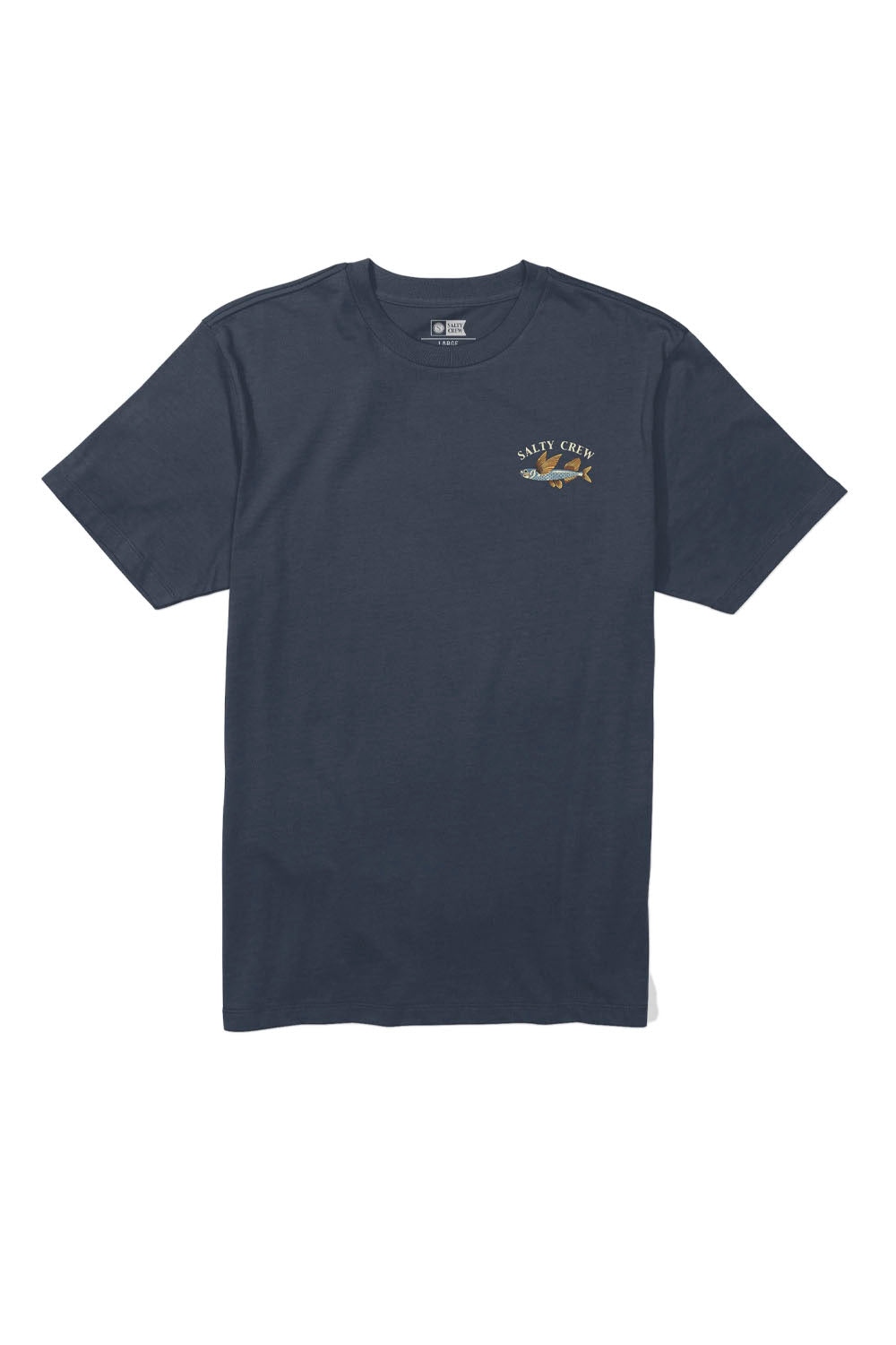 Navy blue t-shirt with a small logo on a white background