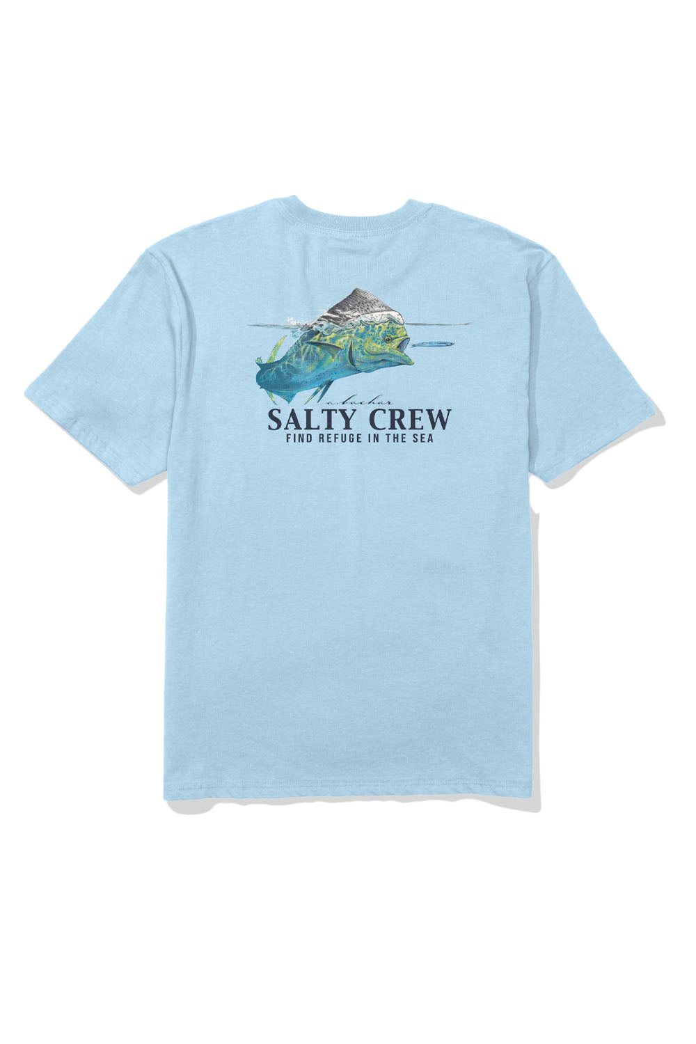 Light blue t-shirt with Salty Crew graphic and text on a white background