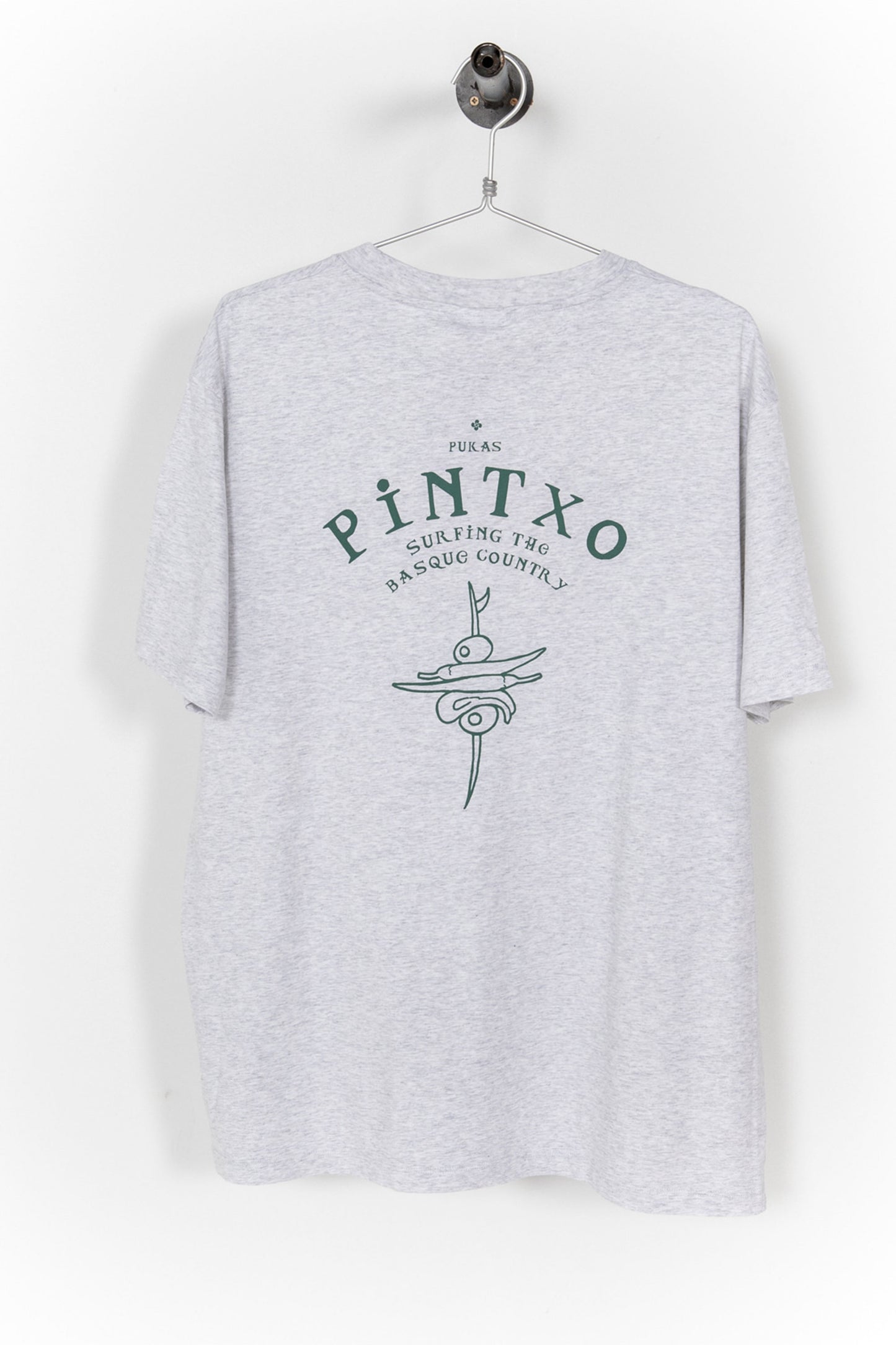 Pukas Surf Shop Pintxo heather grey t-shirt with Basque pintxo surf graphic front and back