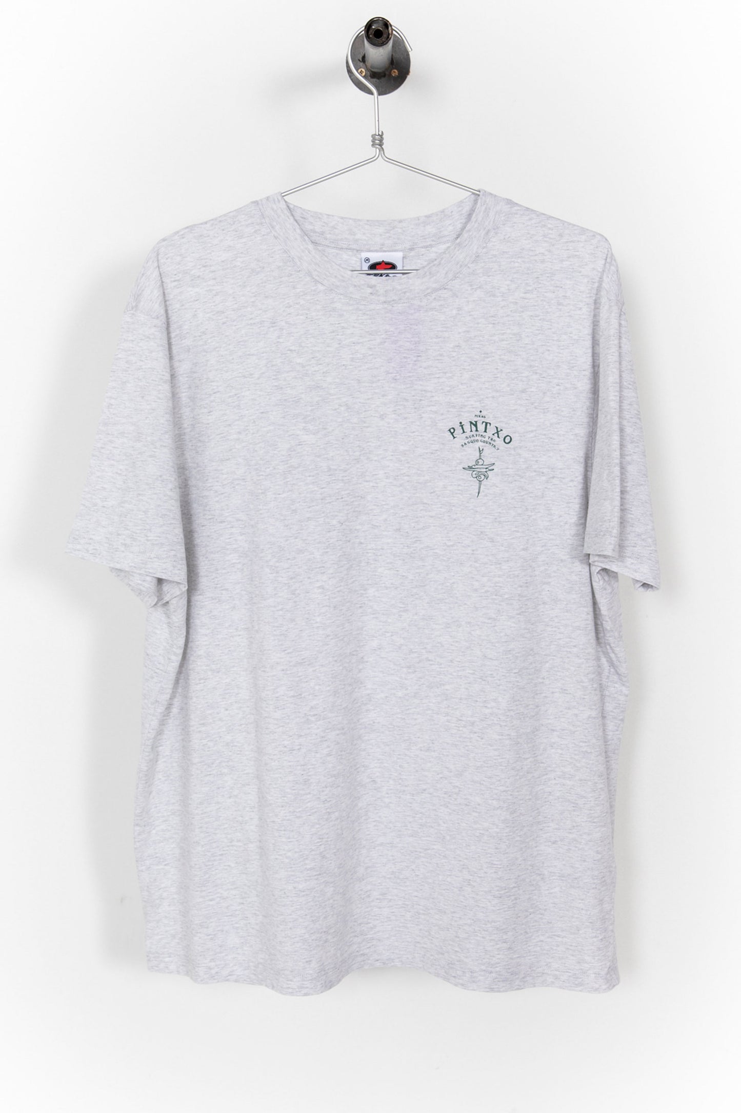 Pukas Surf Shop Pintxo heather grey t-shirt with Basque pintxo surf graphic front and back