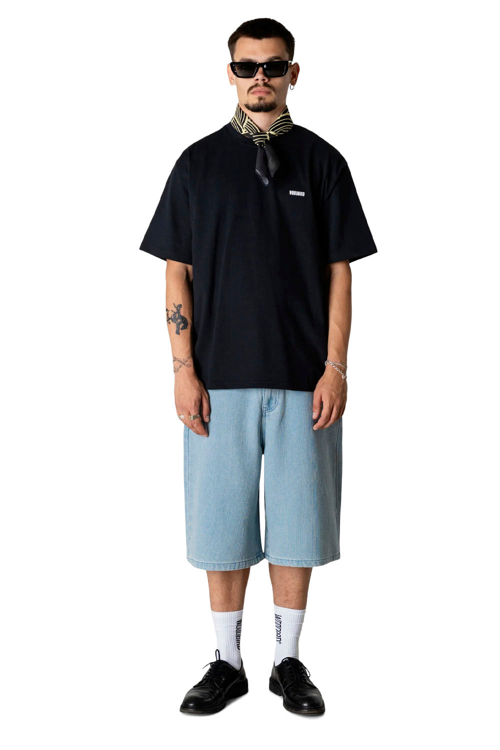 Woodbird Wbbaine Octo Tee in Black – front, back and graphic detail views on model

