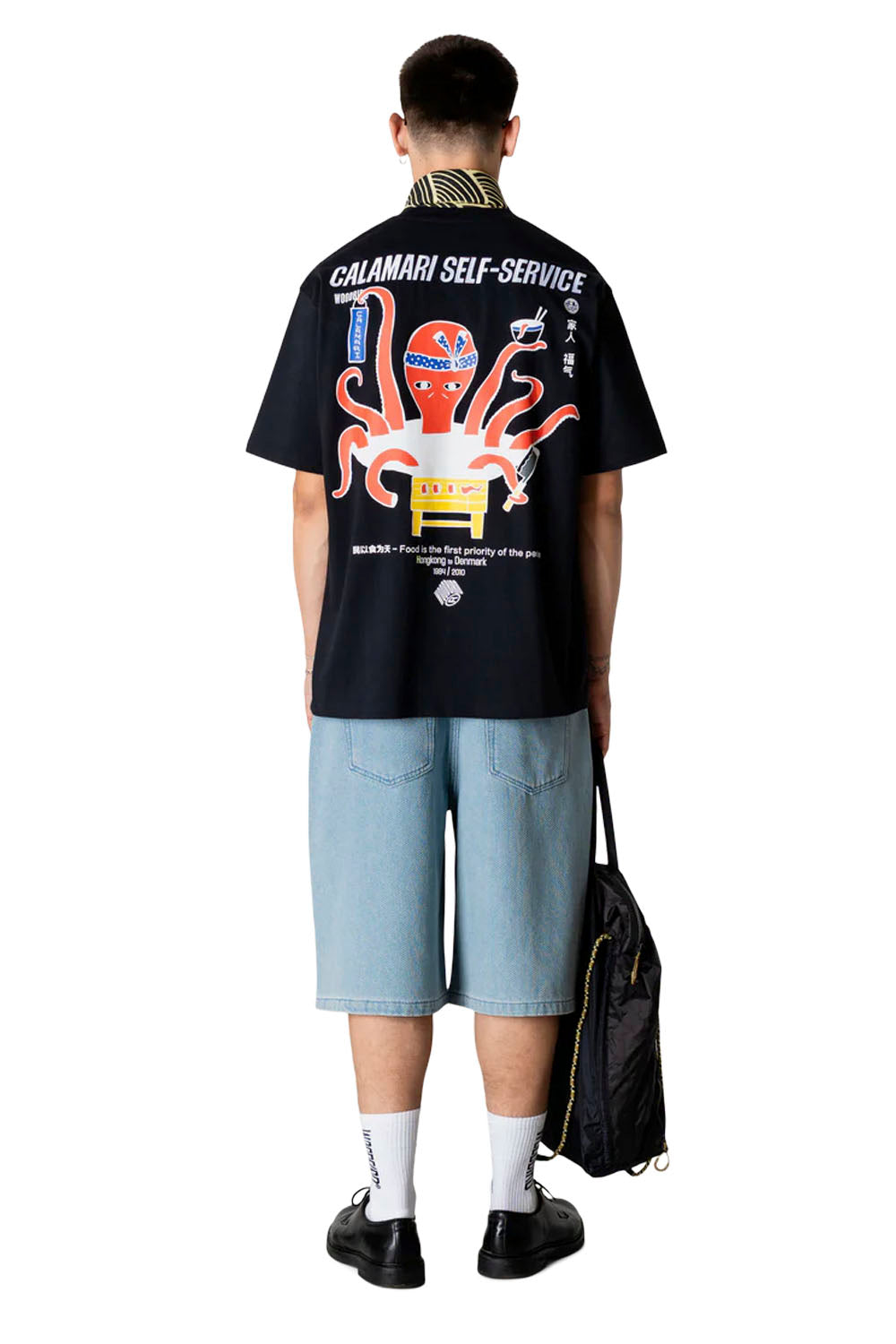 Woodbird Wbbaine Octo Tee in Black – front, back and graphic detail views on model
