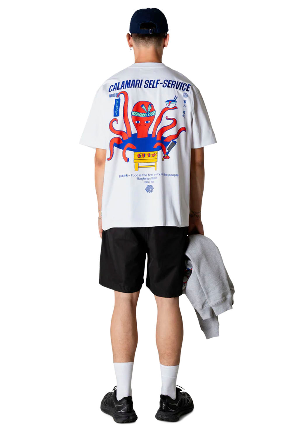 Woodbird Wbbaine Octo Tee in White – front, back and graphic detail views on model

