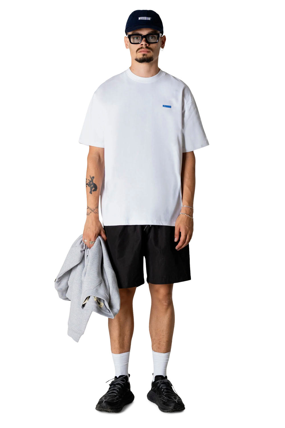 Woodbird Wbbaine Octo Tee in White – front, back and graphic detail views on model
