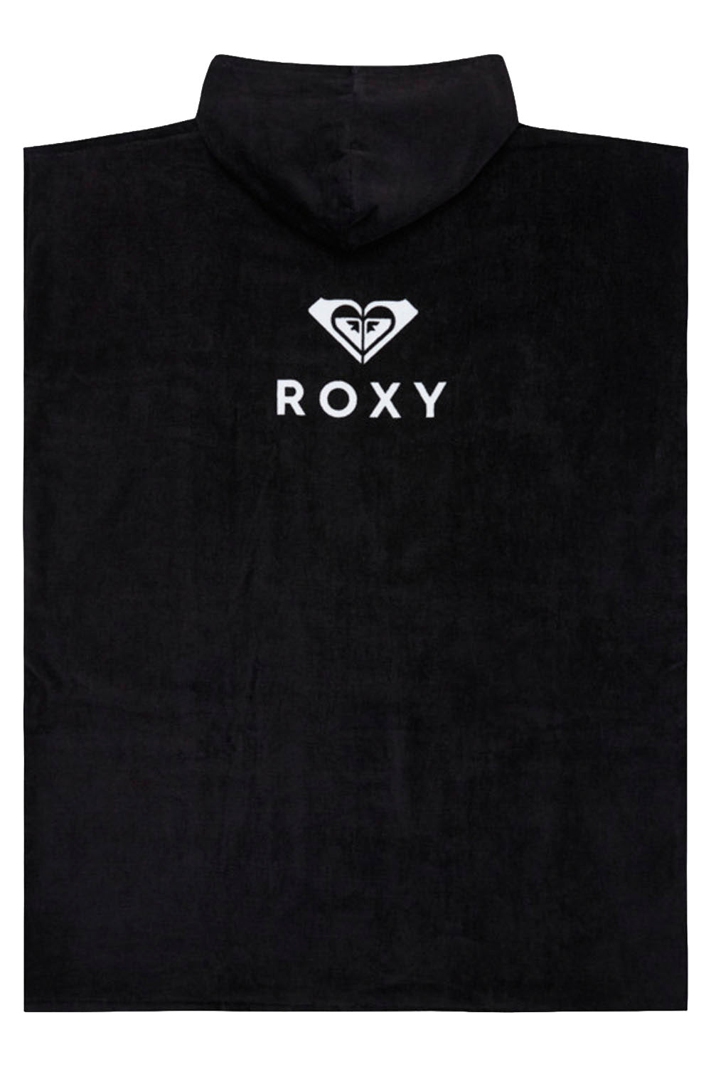 A black hooded towel or poncho with a white Roxy logo printed on the chest, shown against a plain white background.