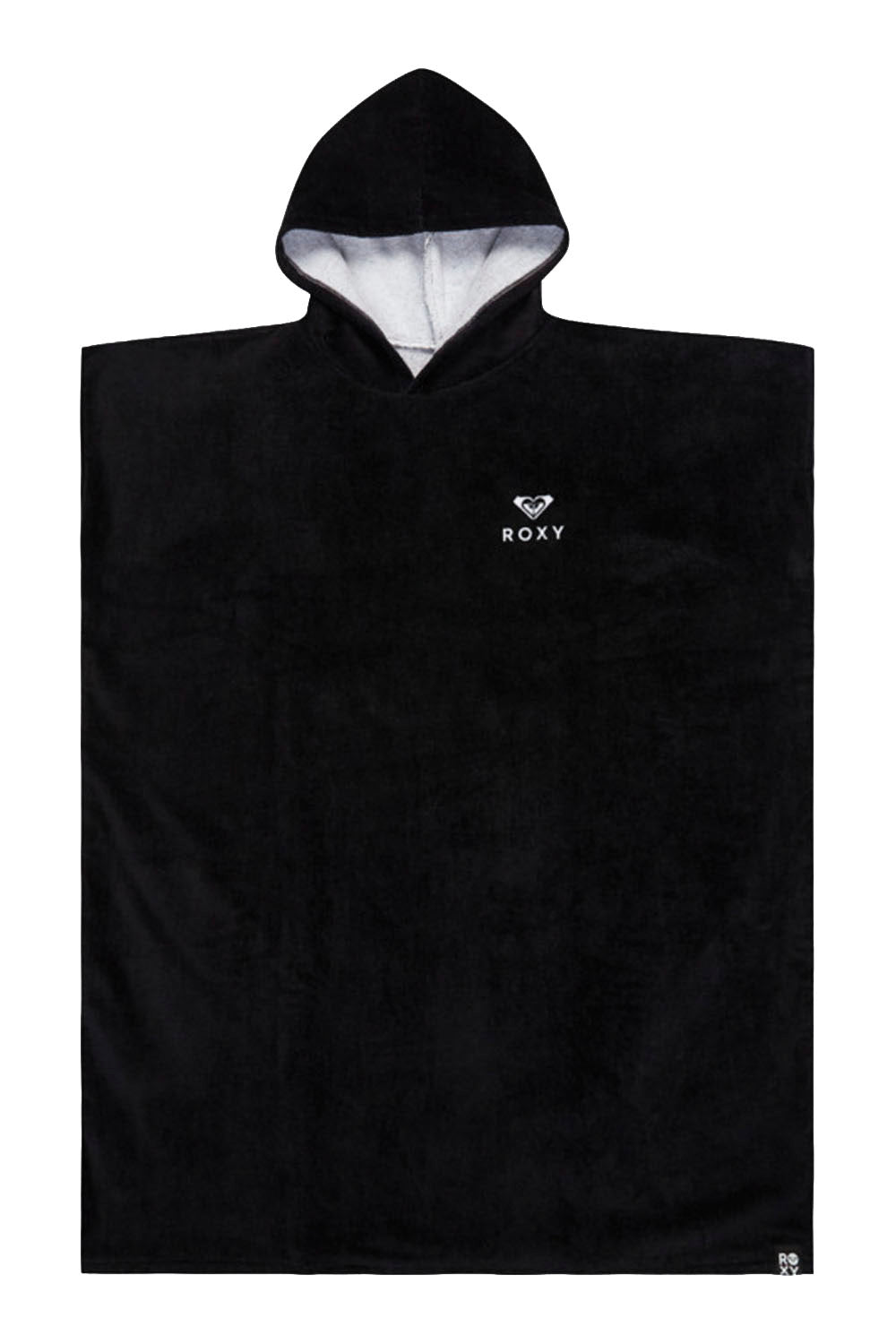 A black hooded towel poncho with a white interior lining and a white Roxy logo on the left chest, displayed flat against a white background.