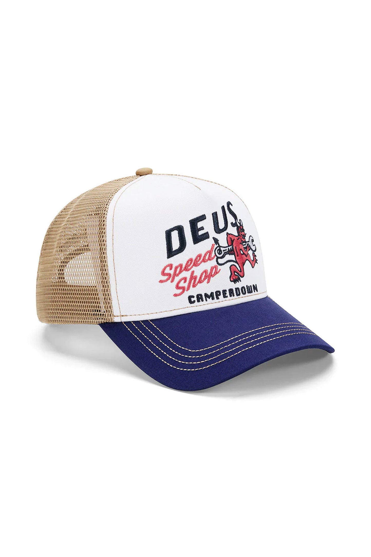 DEUS Dogleg Trucker cap in dirty white - front view mesh back trucker hat