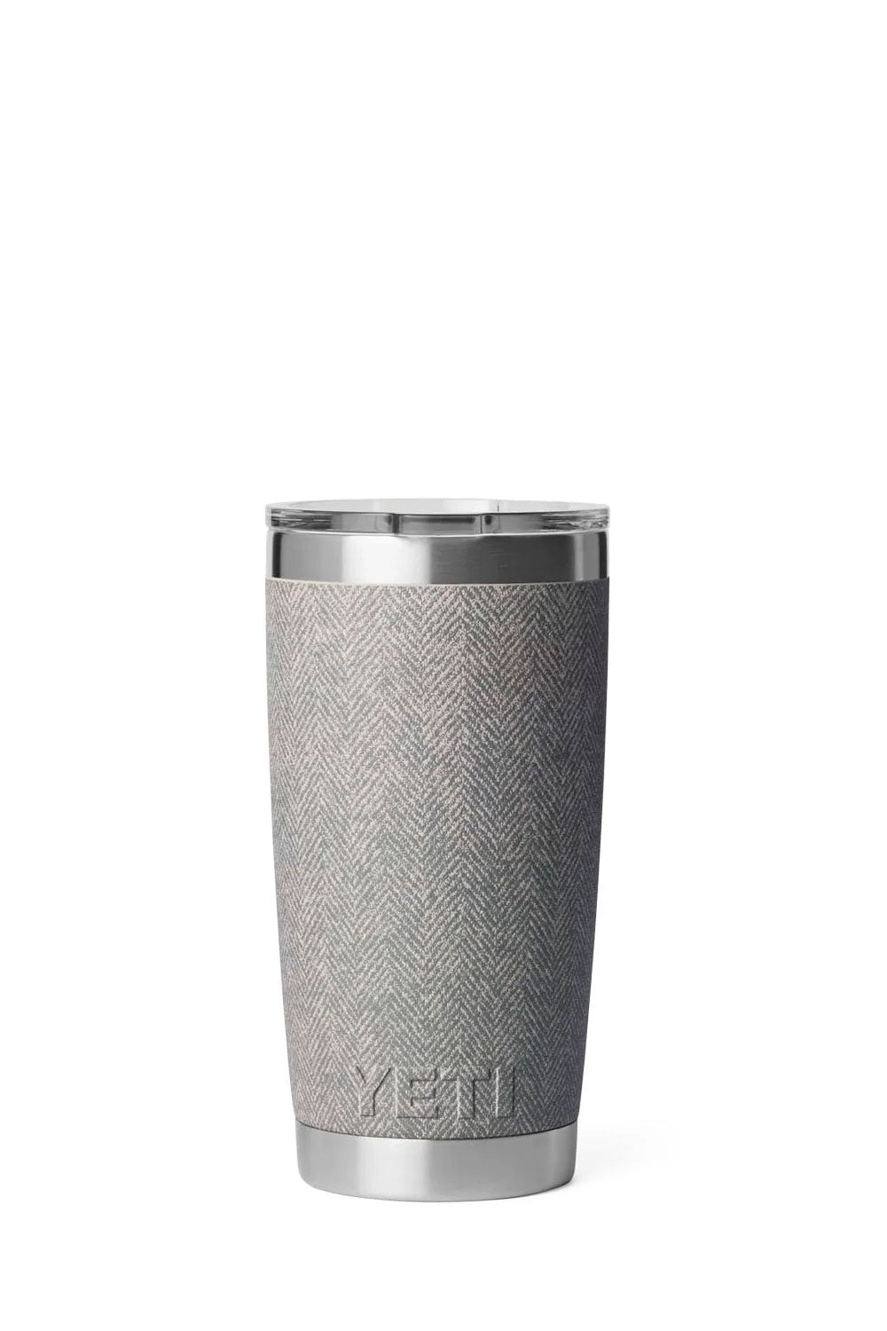 A gray herringbone-patterned insulated travel tumbler with a clear lid and a dark insert, shown on a white background.