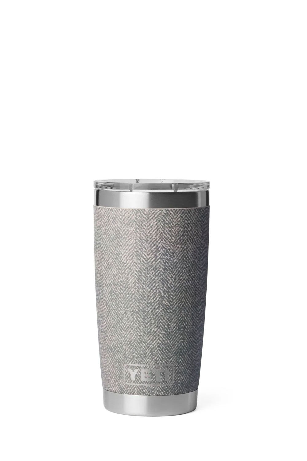 A gray herringbone-patterned insulated travel tumbler with a clear lid and a dark insert, shown on a white background.