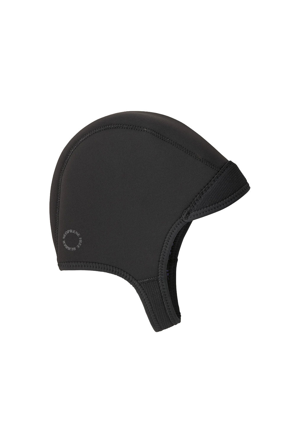 A black neoprene surf cap with a small circular logo on the side, shown against a plain white background.