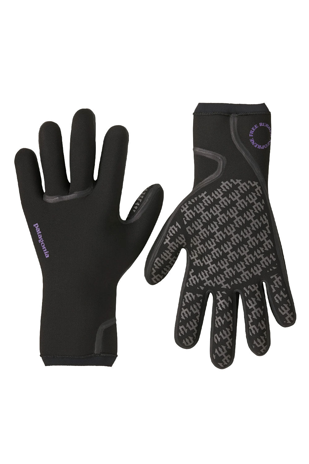 A pair of black winter gloves, one showing the back of the hand with a purple Patagonia logo and the other showing the palm with a textured grip pattern.