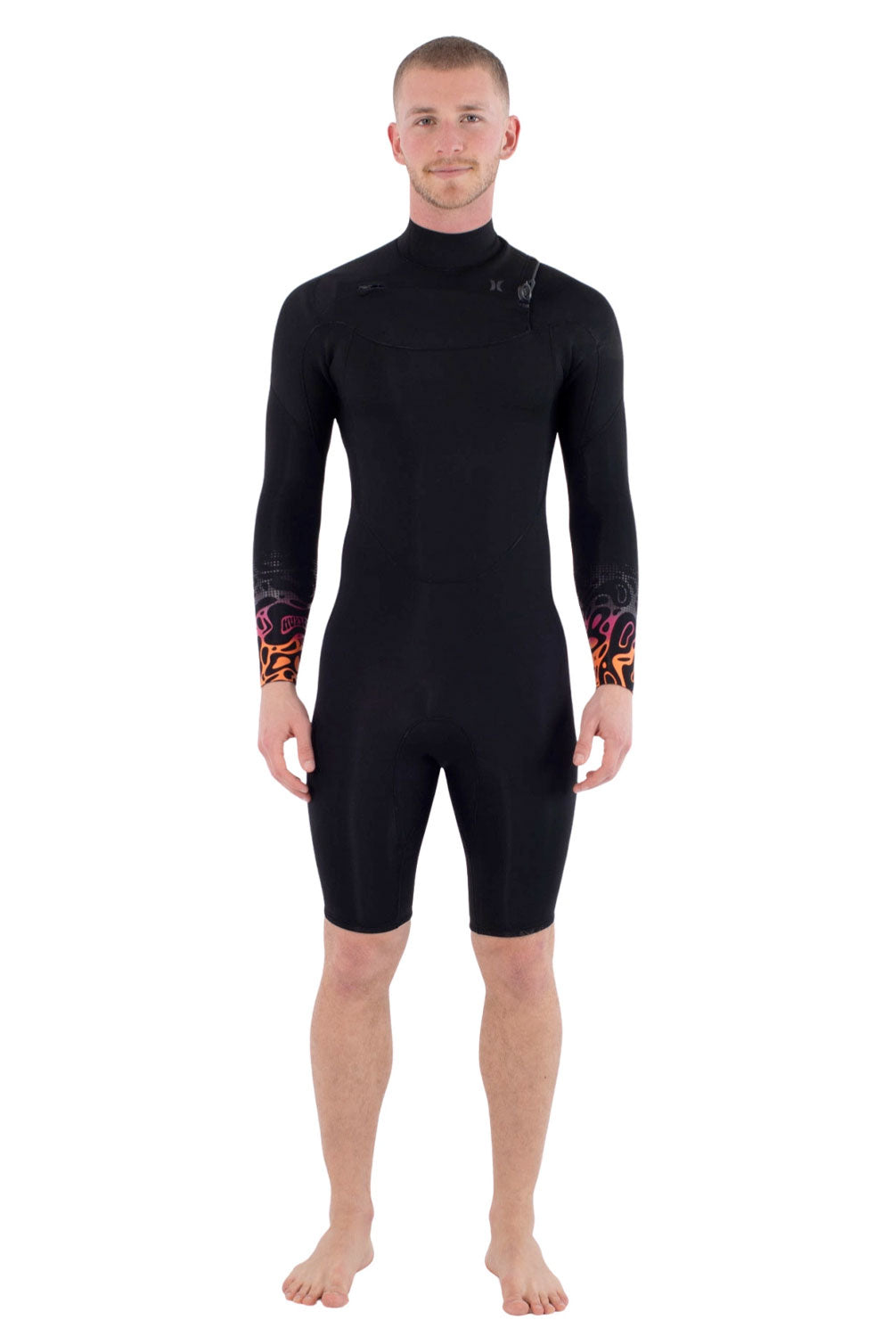 Person wearing a black wetsuit with colorful cuffs on a white background