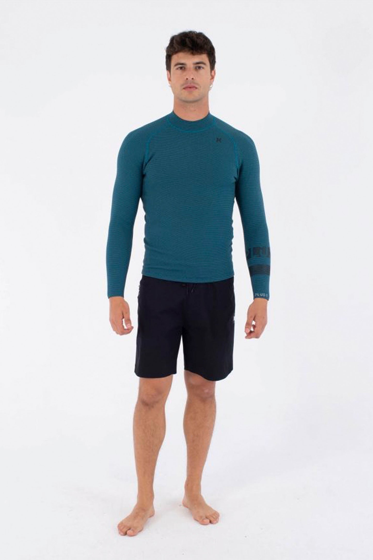 Man wearing a blue long-sleeve Hurley Plus Jacket on a white background