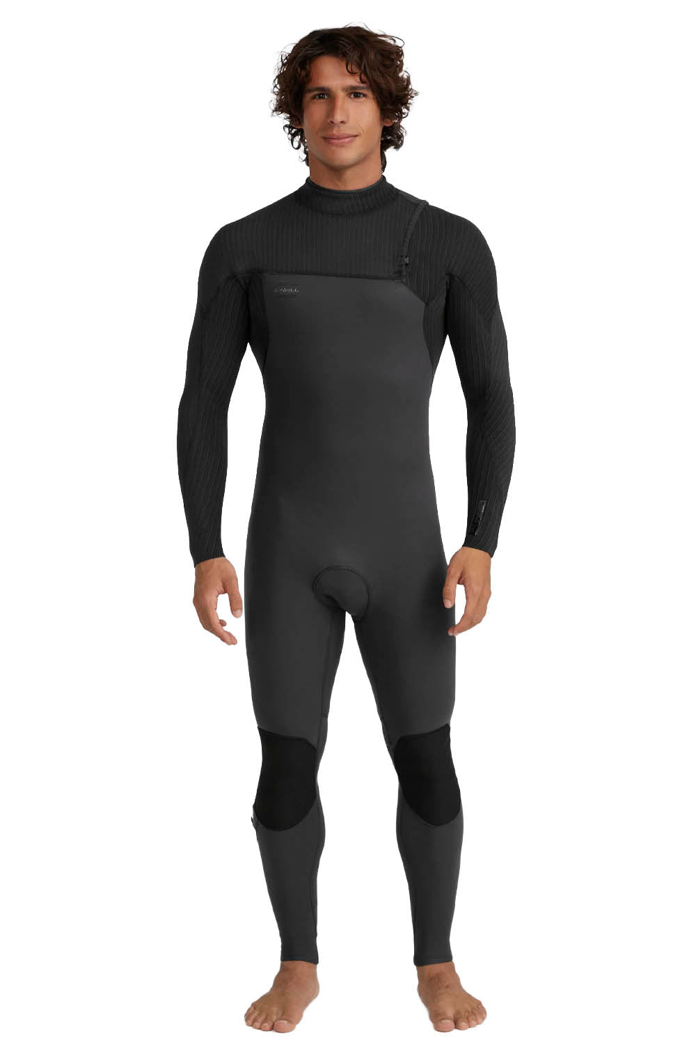 Person wearing a black wetsuit on a white background