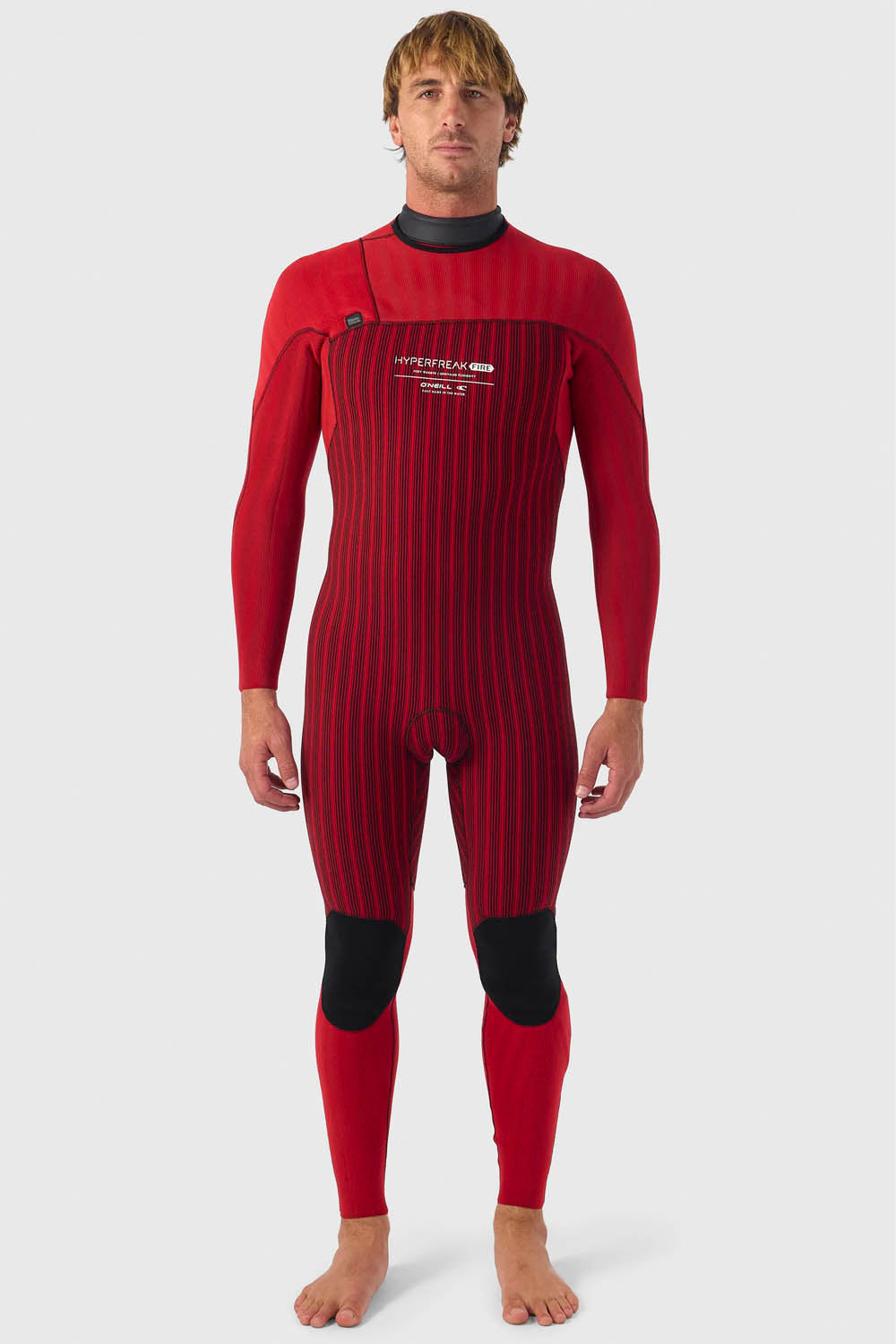 O'Neill Hyperfreak Fire 4/3+mm Chest Zip Wetsuit in Black — men's cold-water fullsuit with TB4 Firewall neoprene, graphene heat fibres and fluid seam welds