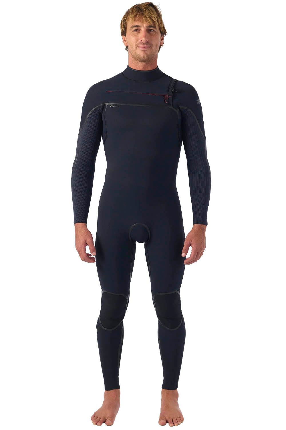 O'Neill Hyperfreak Fire 4/3+mm Chest Zip Wetsuit in Black — men's cold-water fullsuit with TB4 Firewall neoprene, graphene heat fibres and fluid seam welds