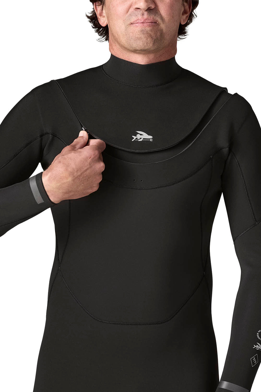 Patagonia Regulator 3/2mm U-Zip Fullsuit in Black — men's Yulex® natural rubber wetsuit with U-zip entry and recycled NetPlus® linings