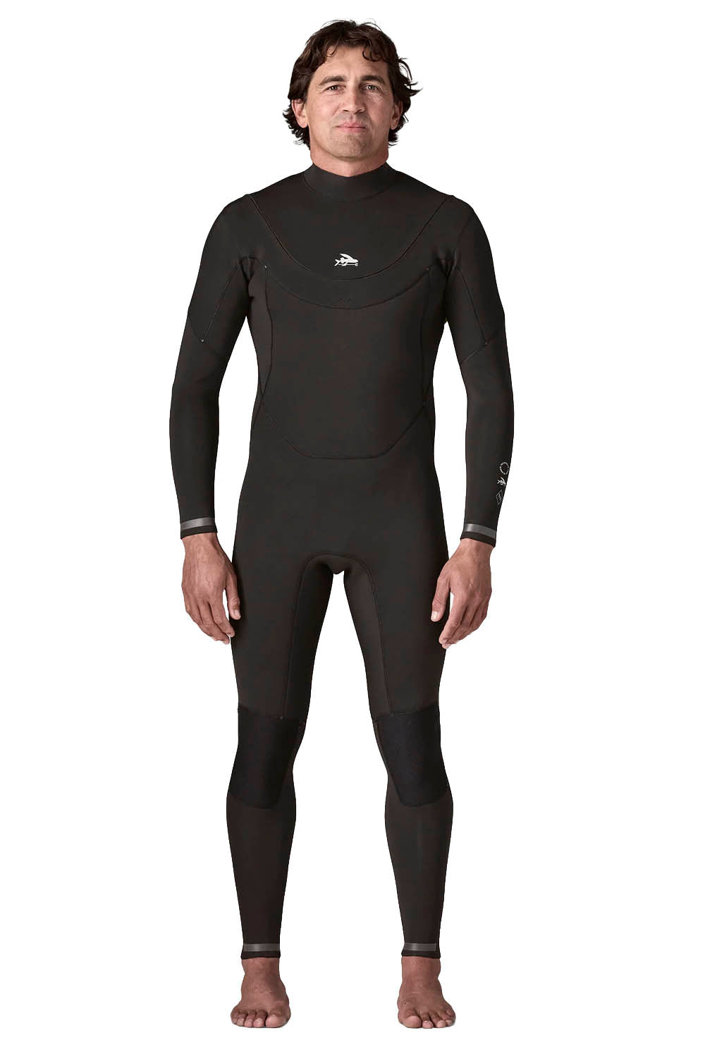 Patagonia Regulator 3/2mm U-Zip Fullsuit in Black — men's Yulex® natural rubber wetsuit with U-zip entry and recycled NetPlus® linings