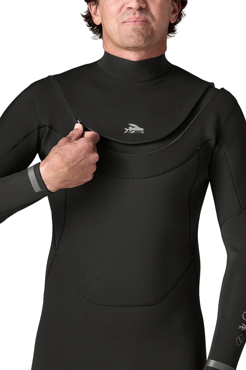 Patagonia Regulator 4/3mm U-Zip Fullsuit in Black — men's Yulex® natural rubber wetsuit with U-zip entry and recycled NetPlus® linings