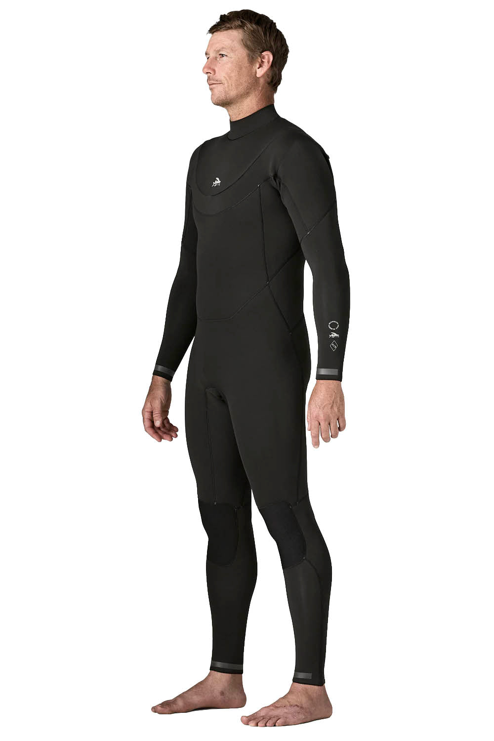 Patagonia Regulator 4/3mm U-Zip Fullsuit in Black — men's Yulex® natural rubber wetsuit with U-zip entry and recycled NetPlus® linings