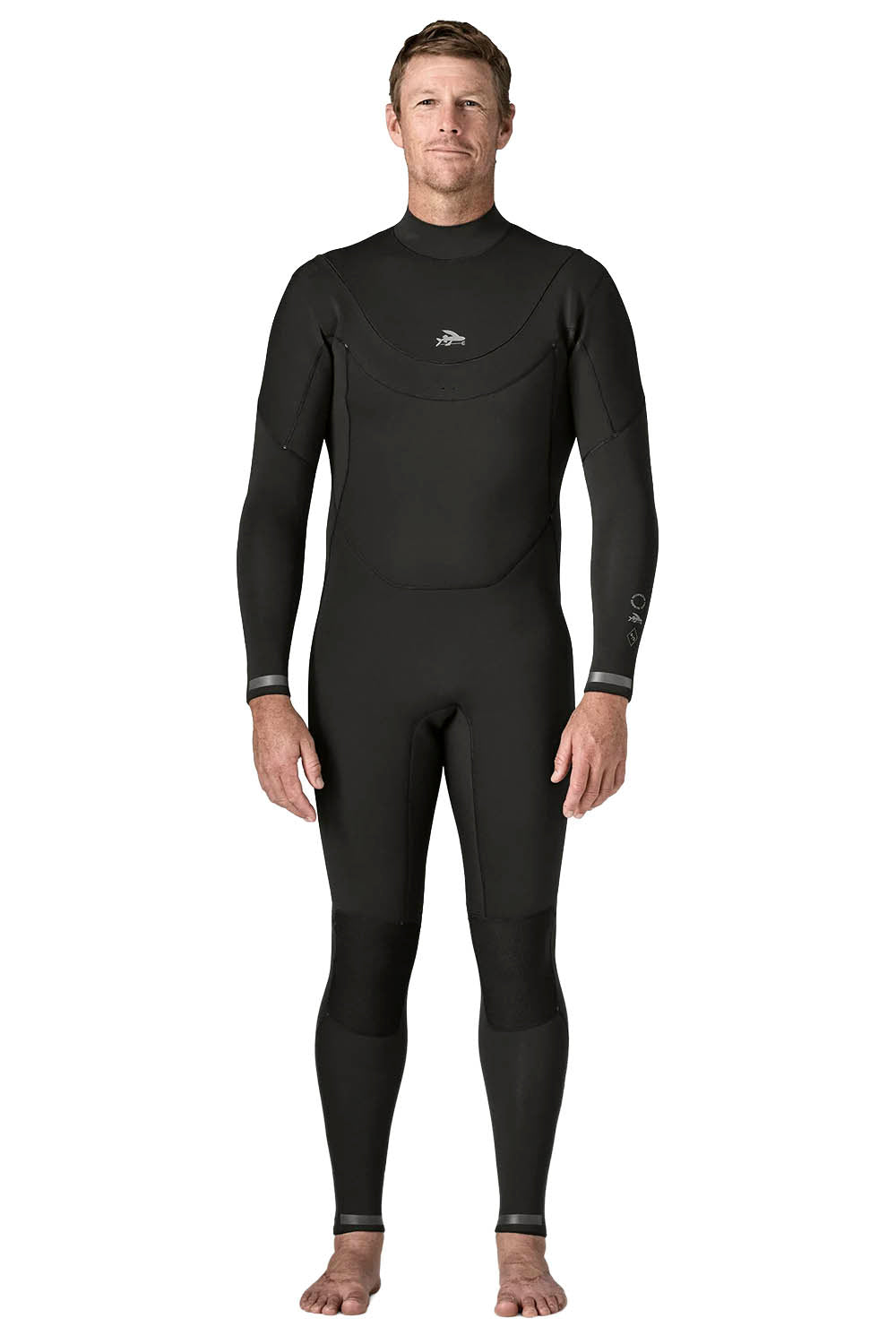 Patagonia Regulator 4/3mm U-Zip Fullsuit in Black — men's Yulex® natural rubber wetsuit with U-zip entry and recycled NetPlus® linings