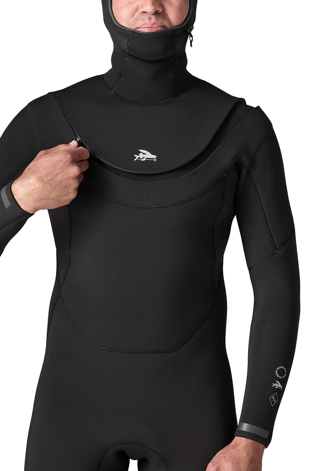 Patagonia Regulator 5/4mm Hooded Suit in Black — men's Yulex® natural rubber hooded wetsuit with U-zip entry and recycled NetPlus® linings
