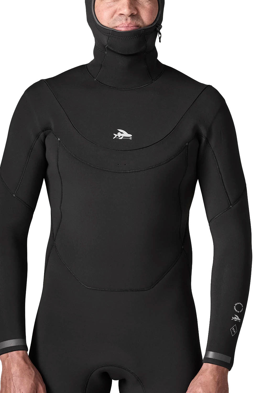 Patagonia Regulator 5/4mm Hooded Suit in Black — men's Yulex® natural rubber hooded wetsuit with U-zip entry and recycled NetPlus® linings