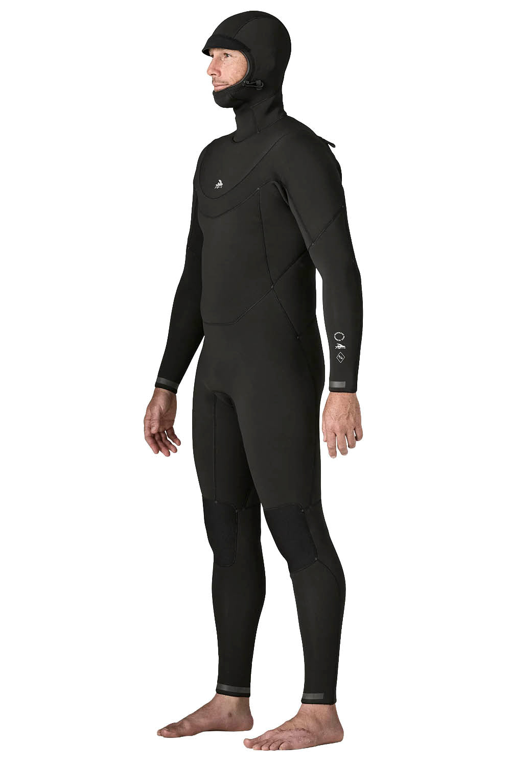 Patagonia Regulator 5/4mm Hooded Suit in Black — men's Yulex® natural rubber hooded wetsuit with U-zip entry and recycled NetPlus® linings