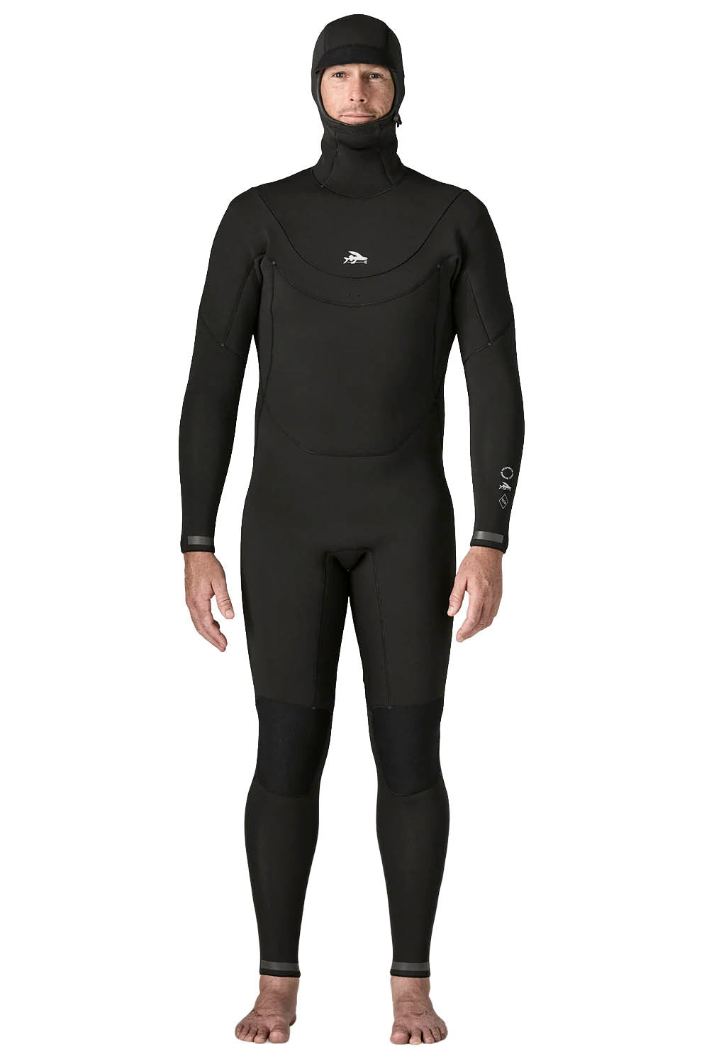 Patagonia Regulator 5/4mm Hooded Suit in Black — men's Yulex® natural rubber hooded wetsuit with U-zip entry and recycled NetPlus® linings