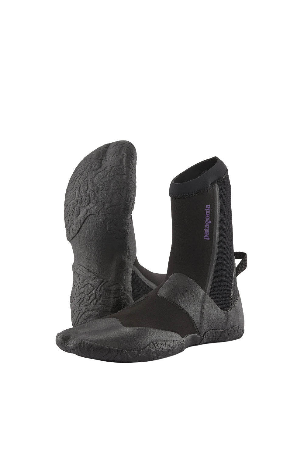 A pair of Patagonia surf booties, showing the textured sole and the side profile with the Patagonia logo on a white background.