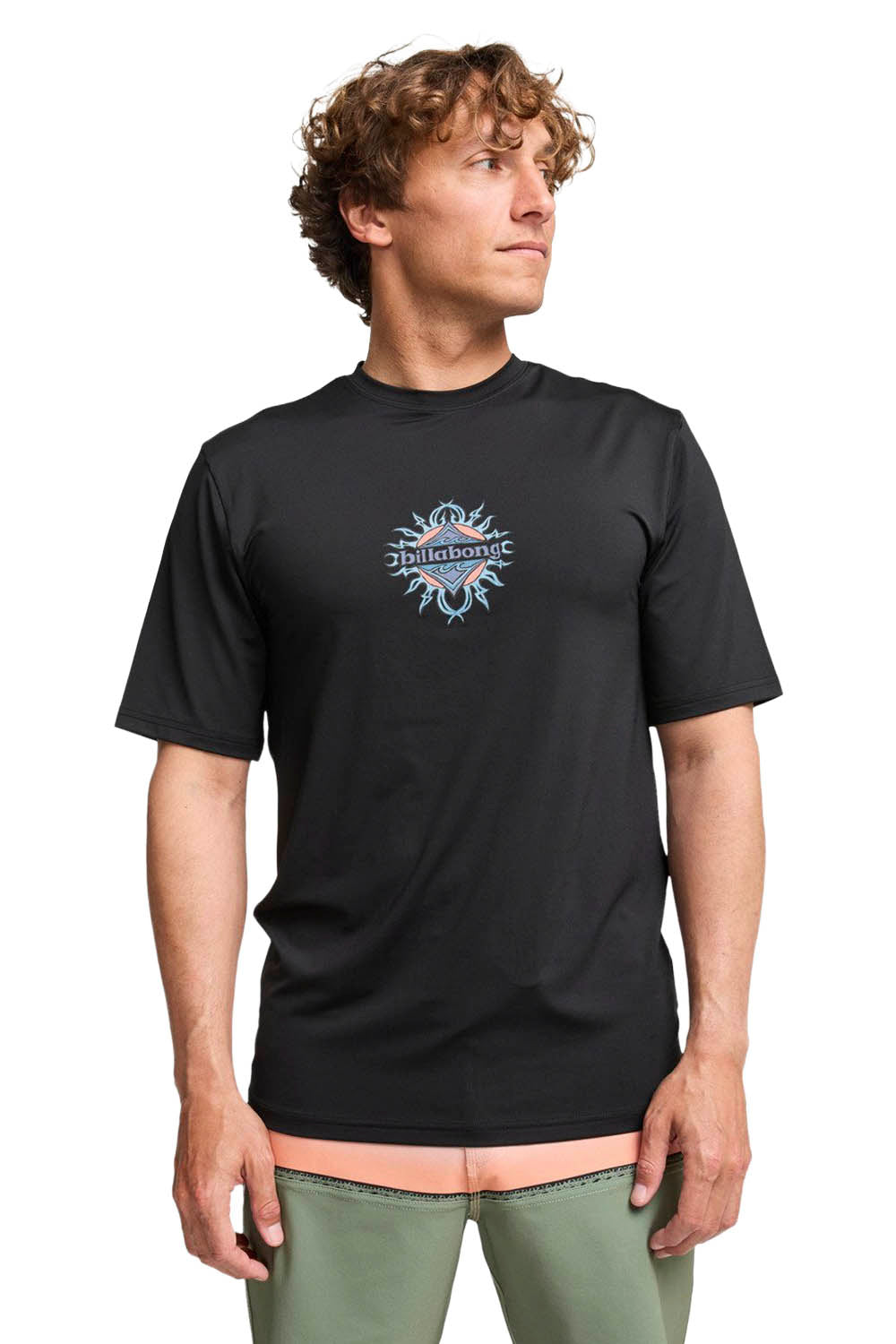 Man wearing a black t-shirt with a logo on a white background