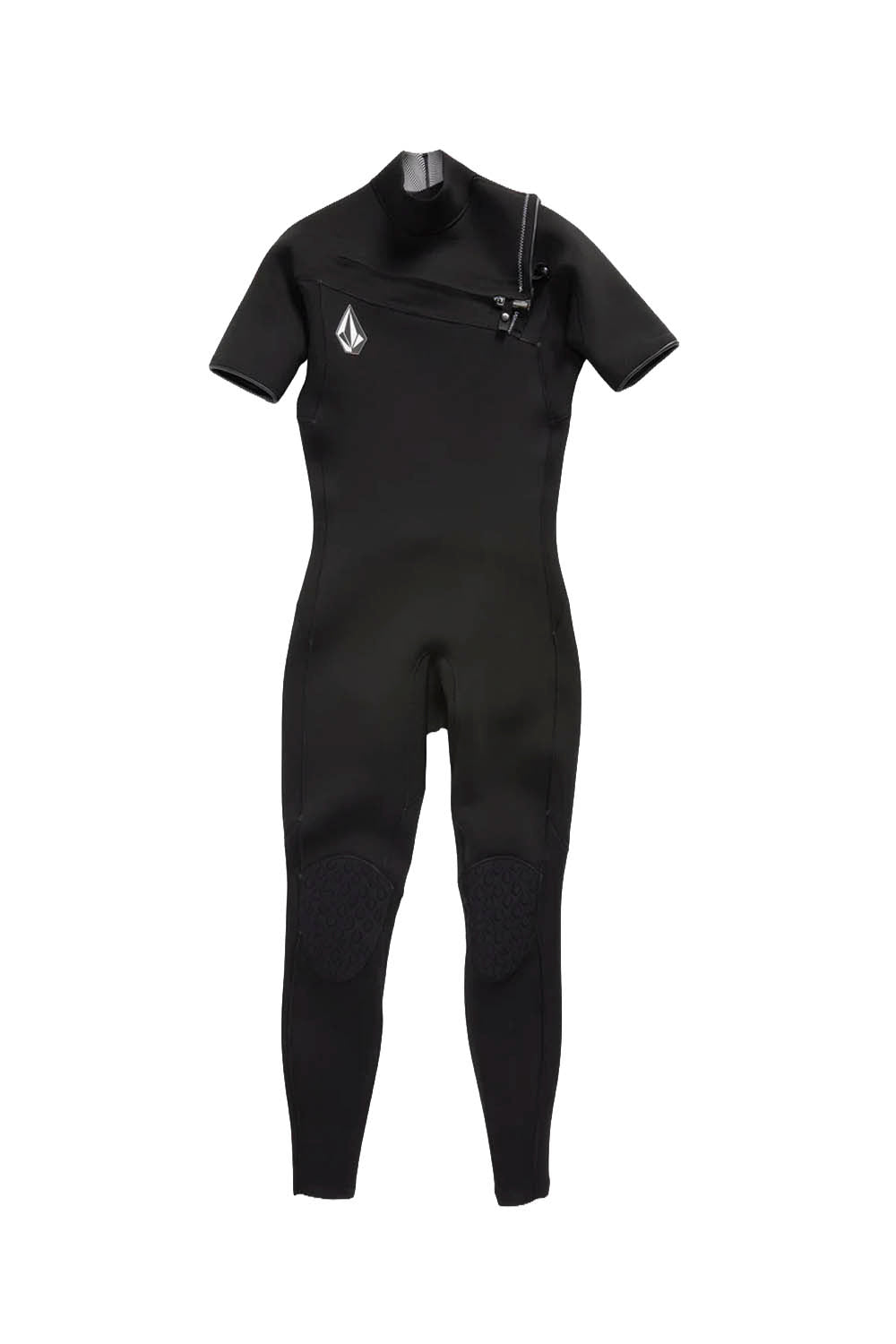 Black wetsuit with a logo on the chest against a white background