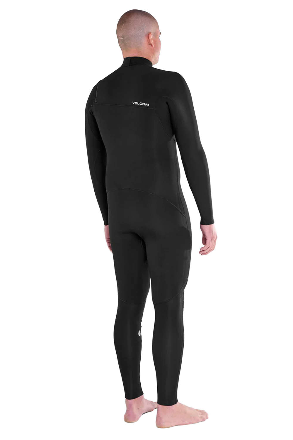 Person wearing a black wetsuit with a visible brand logo on a white background