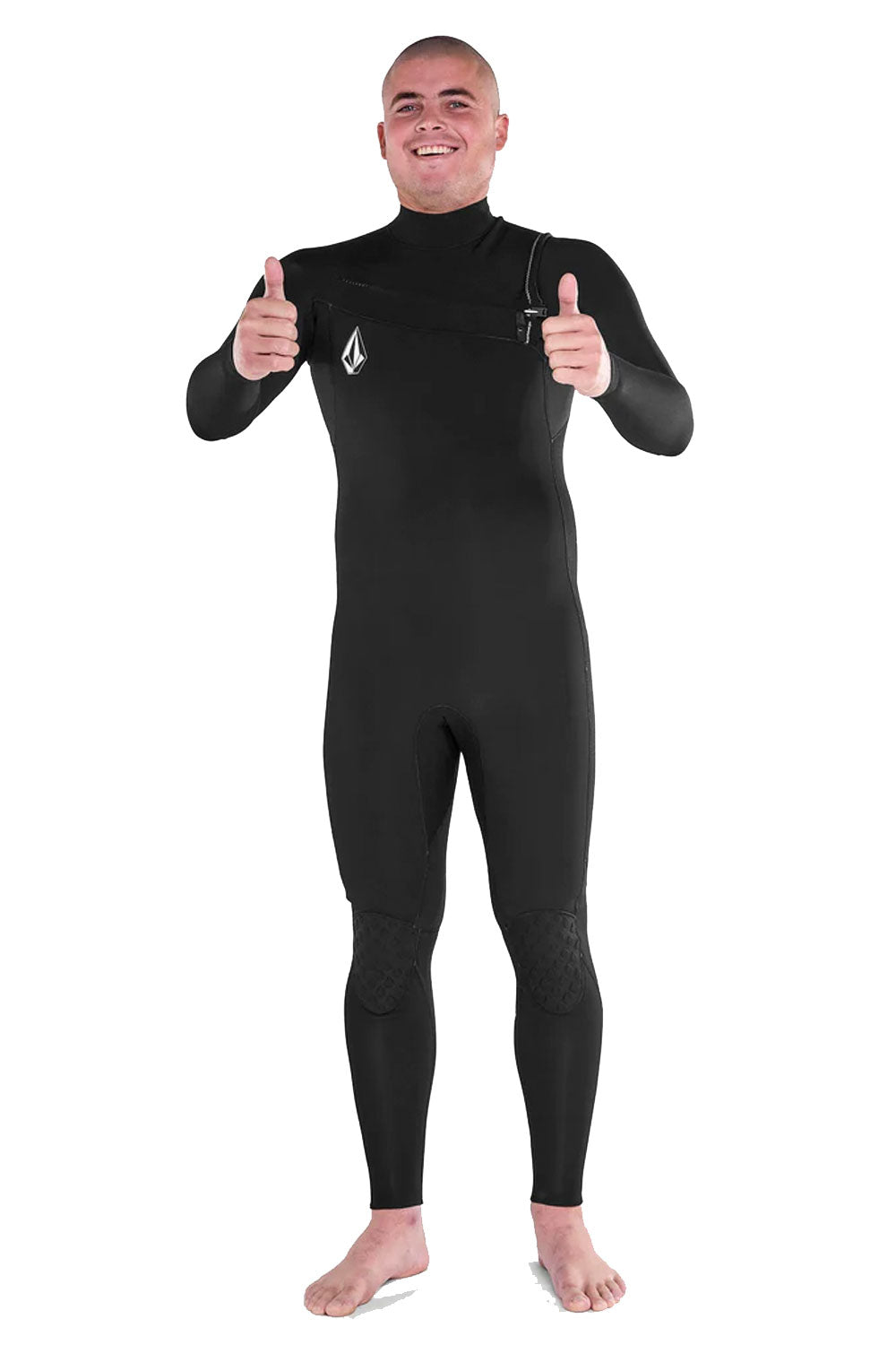 Person wearing a black wetsuit giving a thumbs-up gesture on a white background