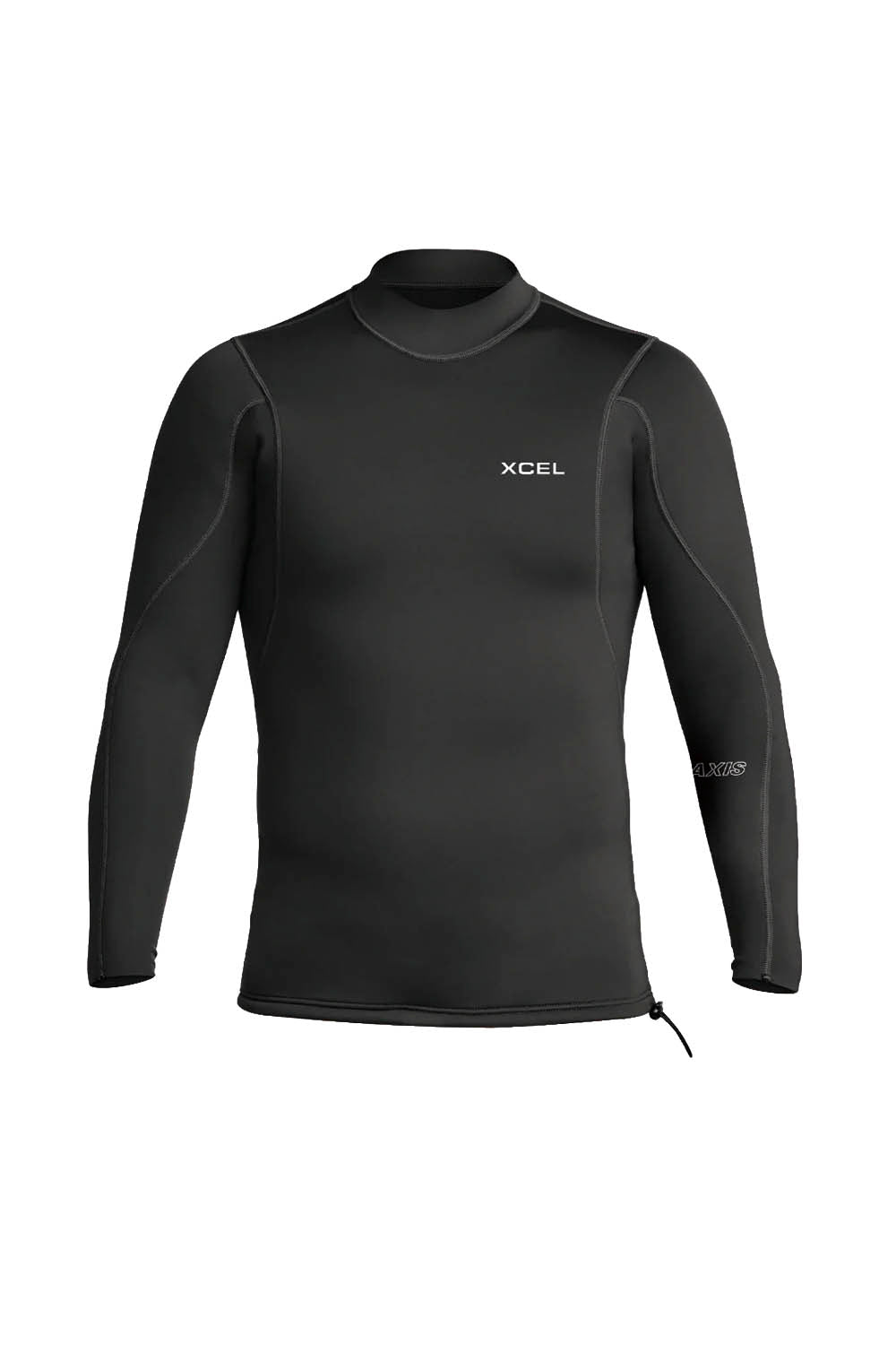 Black rashguard with XCEL branding on a white background