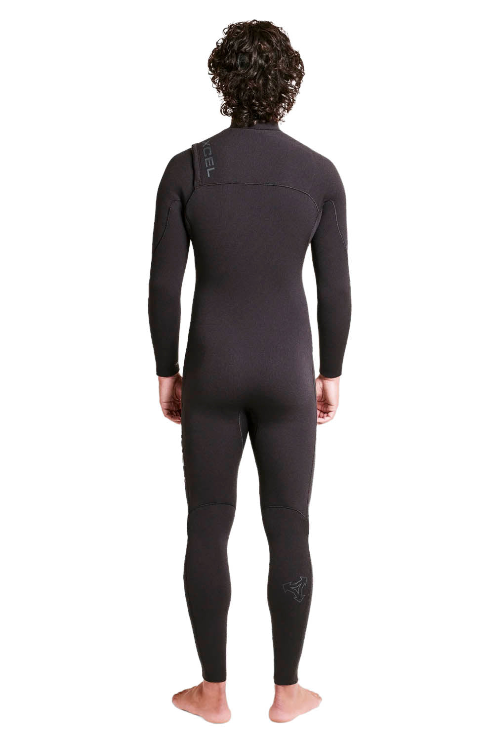 Person wearing a black XCEL wetsuit on a white background
