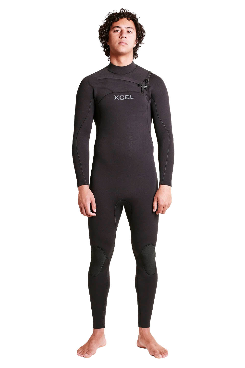 Person wearing a black XCEL wetsuit on a white background
