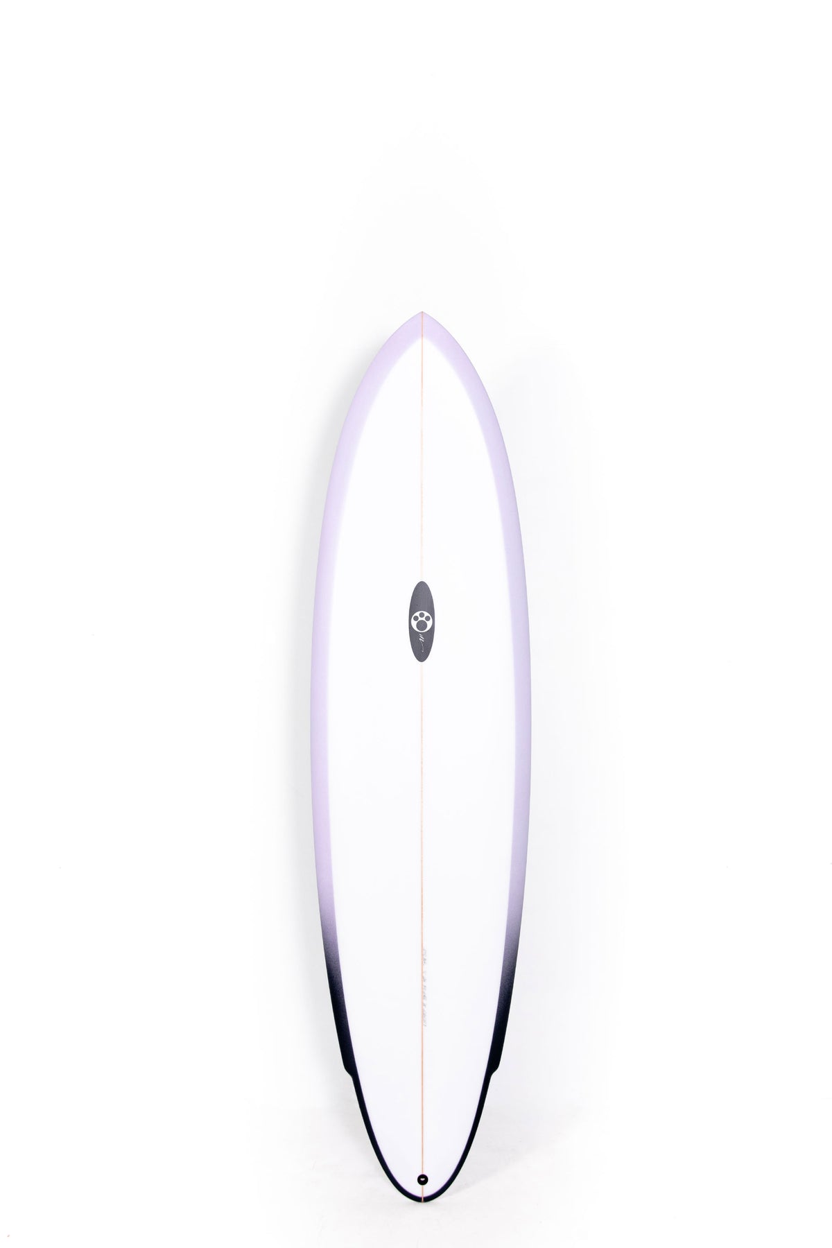 White and purple Maurice Cole Surfboard Reverse Vee Twin Pin size 6'11" on a white background by Pukas Surf Shop