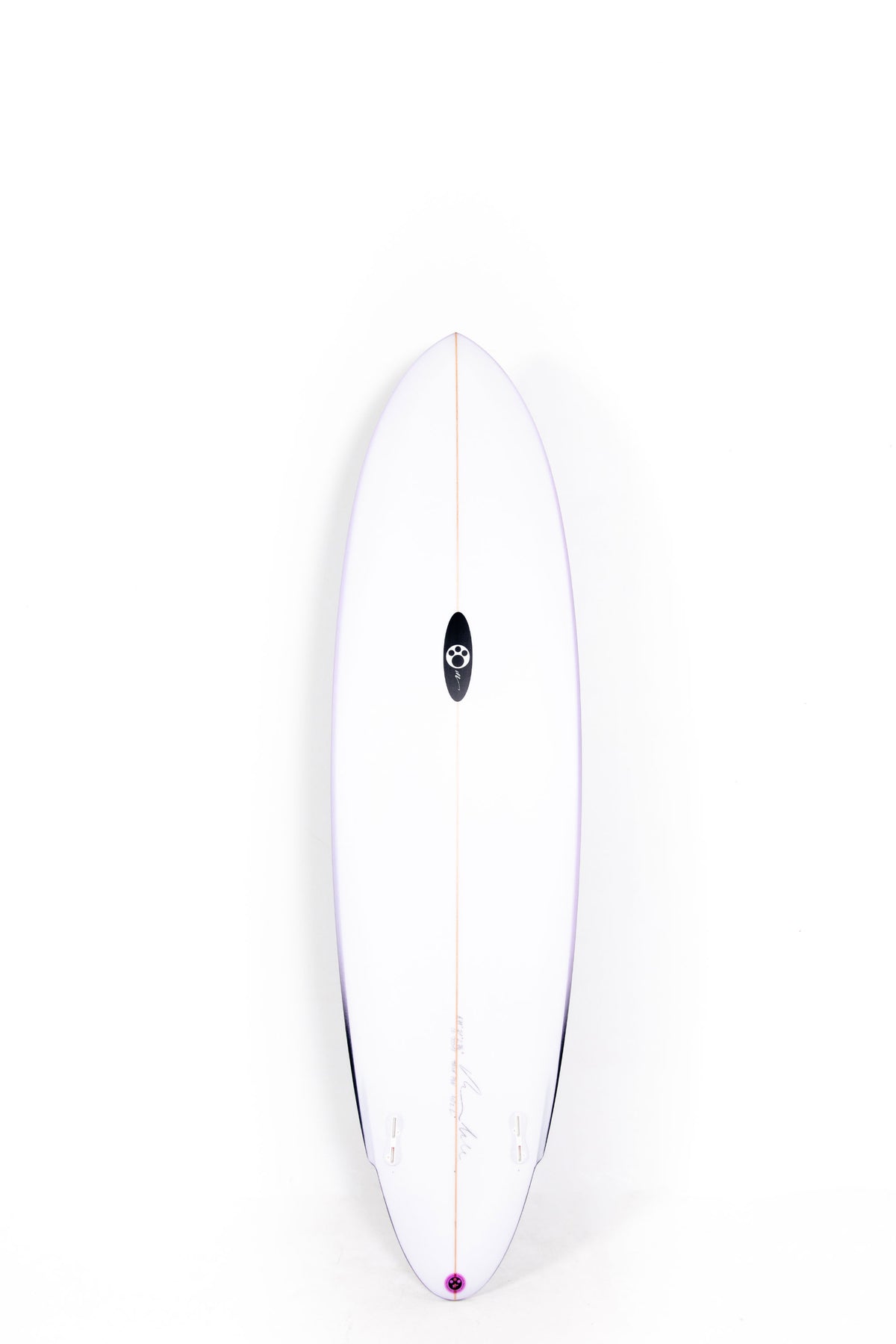 White and purple Maurice Cole Surfboard Reverse Vee Twin Pin size 6'11" on a white background by Pukas Surf Shop - 2