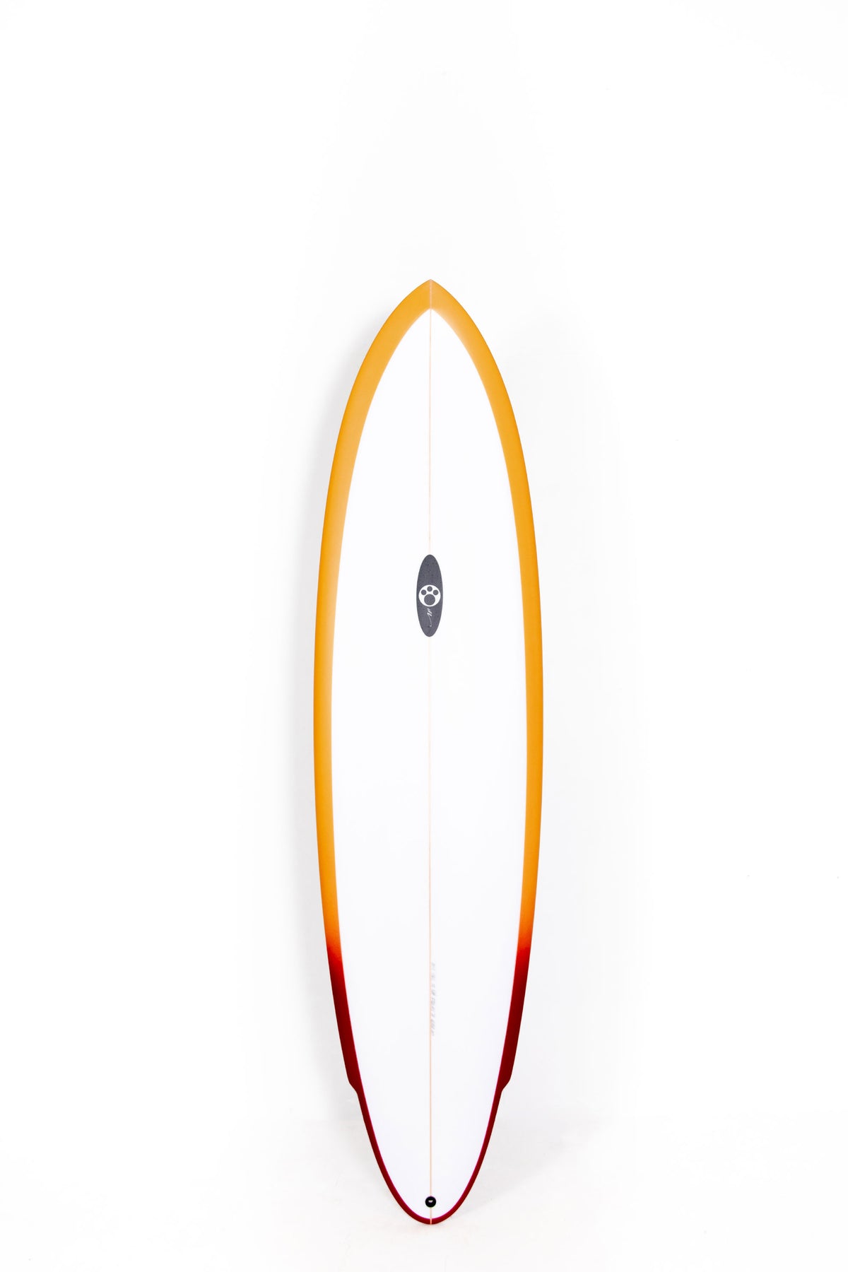 White and orange maurice Cole Surfboard Reverse Vee Twin Pin size 7'2" on a white background by pukas Surf Shop