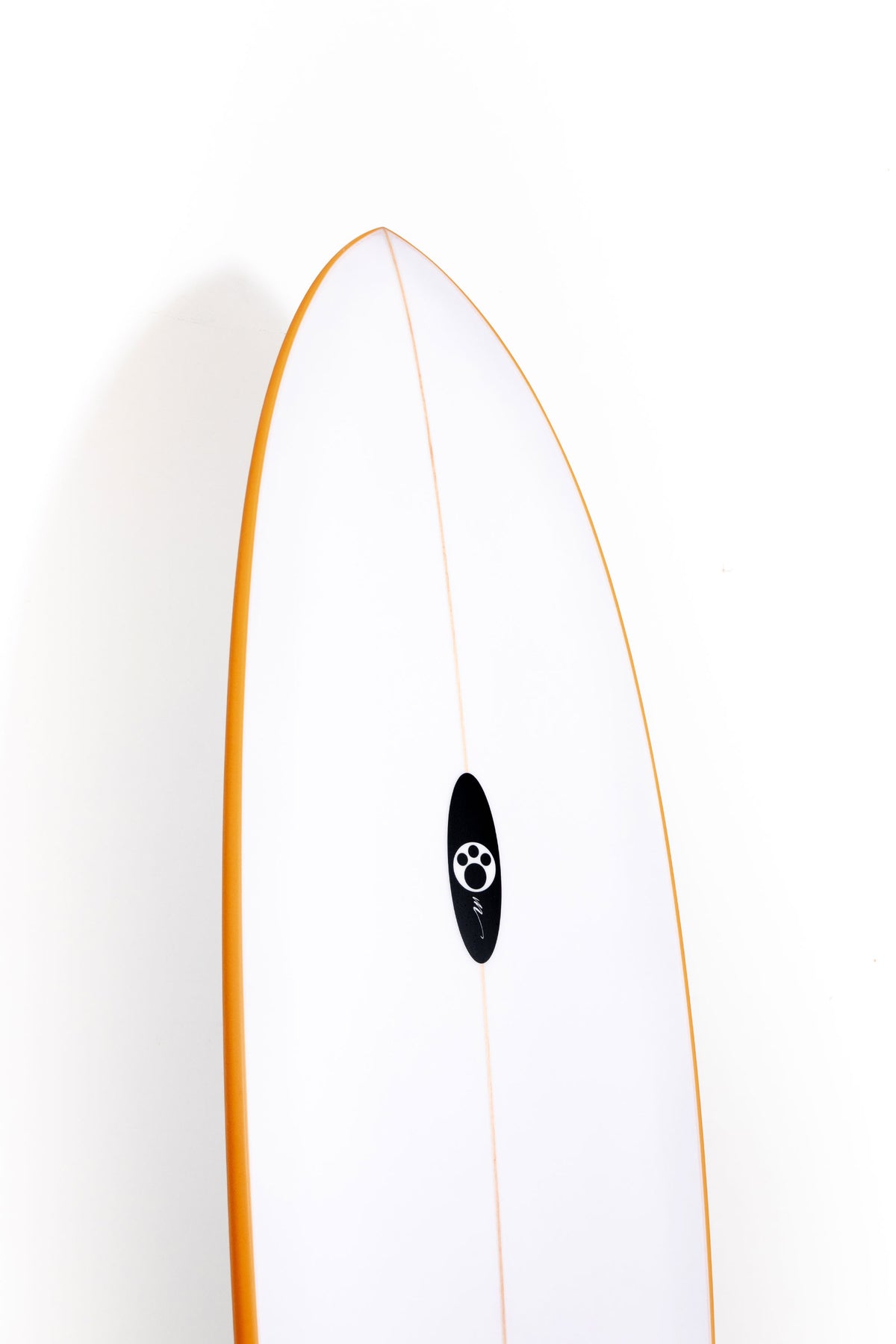 White and orange maurice Cole Surfboard Reverse Vee Twin Pin size 7'2" on a white background by pukas Surf Shop - 2