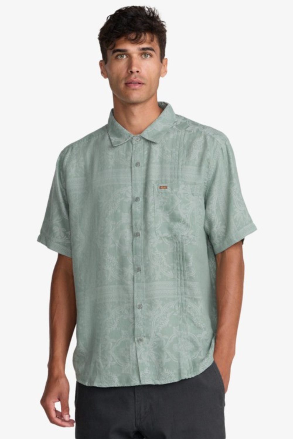 RVCA Mellowist Shirt – Men's green short sleeve shirt, relaxed surf lifestyle fit – Pukas Surf Shop
