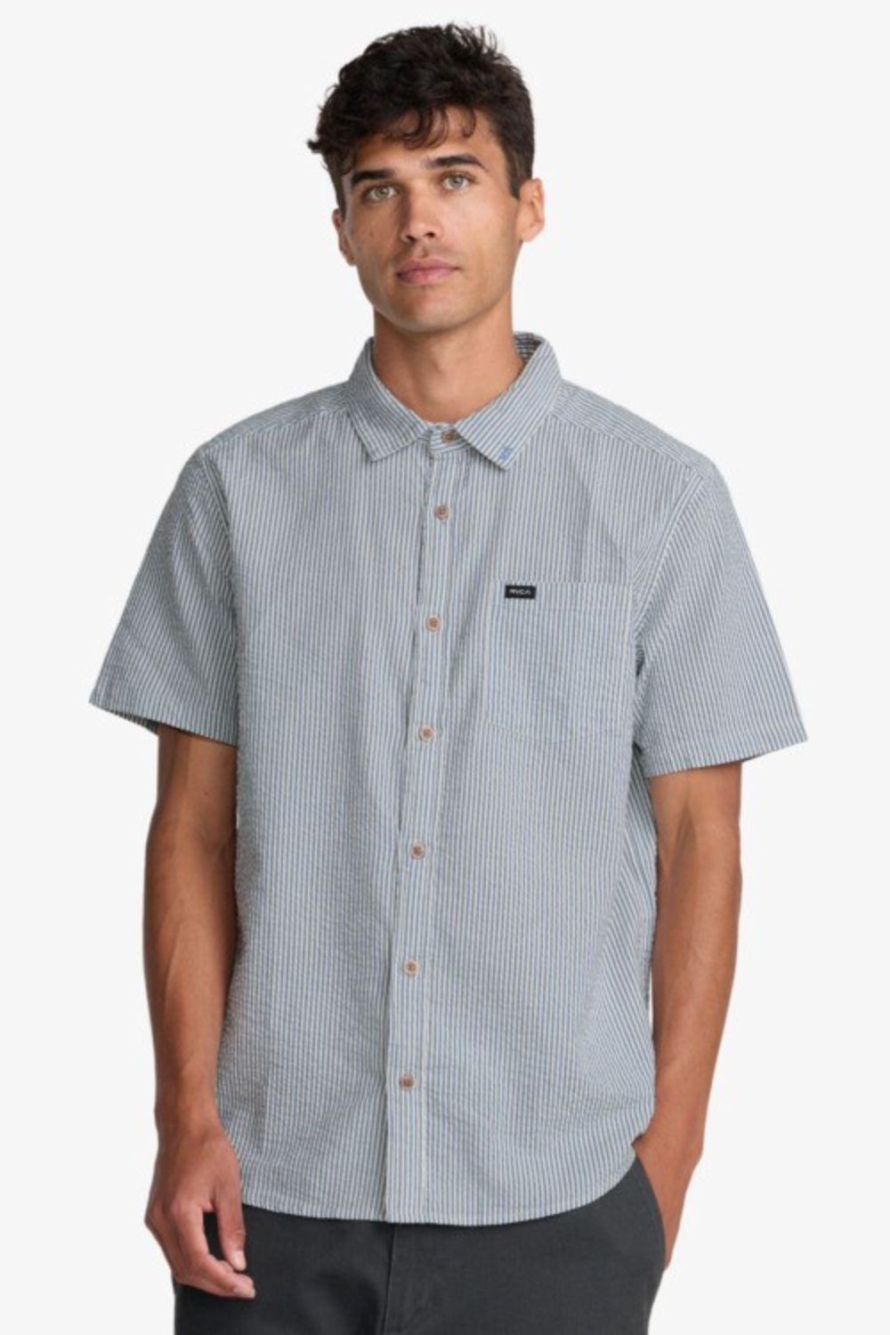 RVCA That'll Do Seersucker Shirt – Men's blue textured woven shirt, relaxed surf lifestyle fit – Pukas Surf Shop
