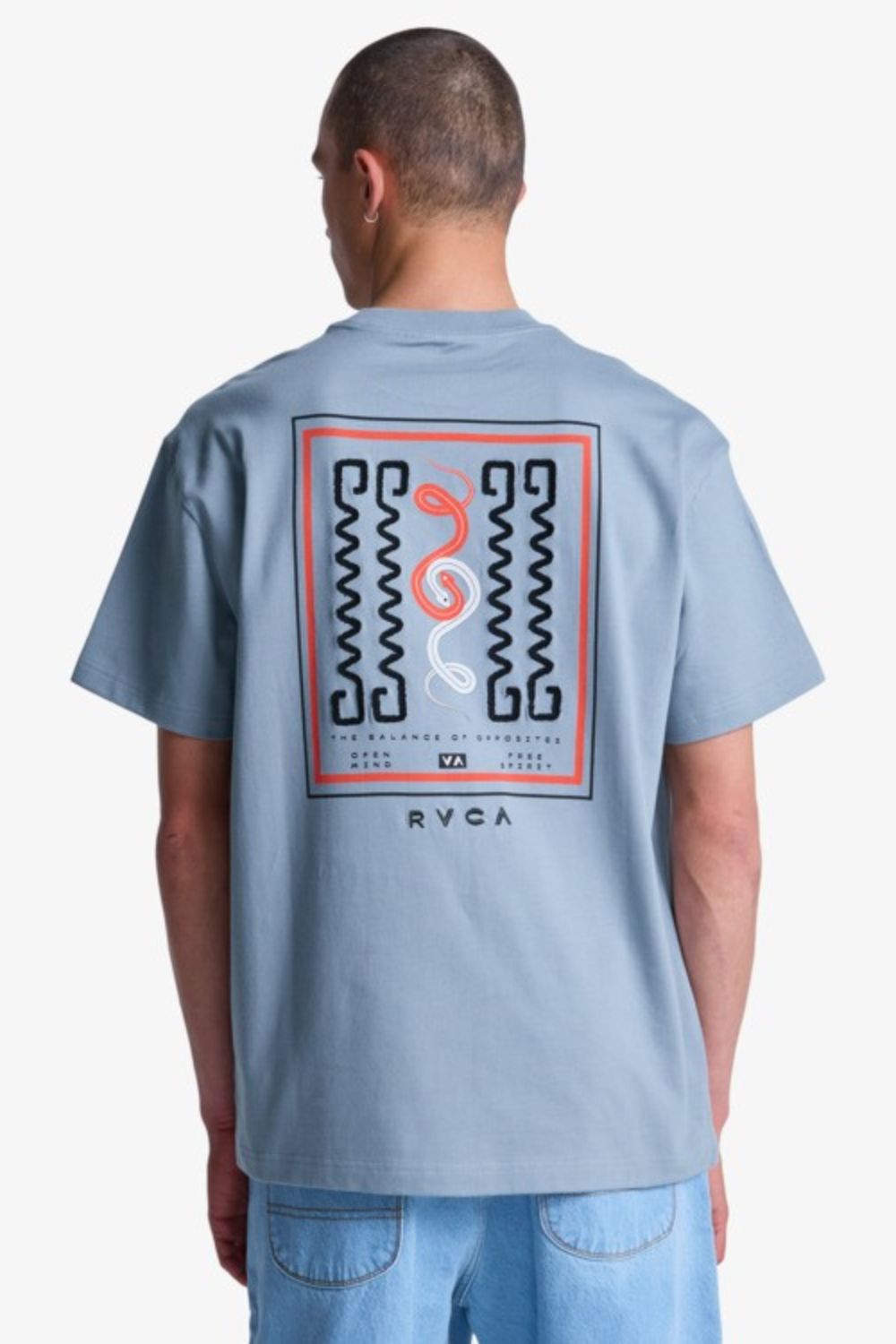 RVCA Amaze Snake Tee – Men's blue graphic tee with snake print, relaxed surf lifestyle fit – Pukas Surf Shop
